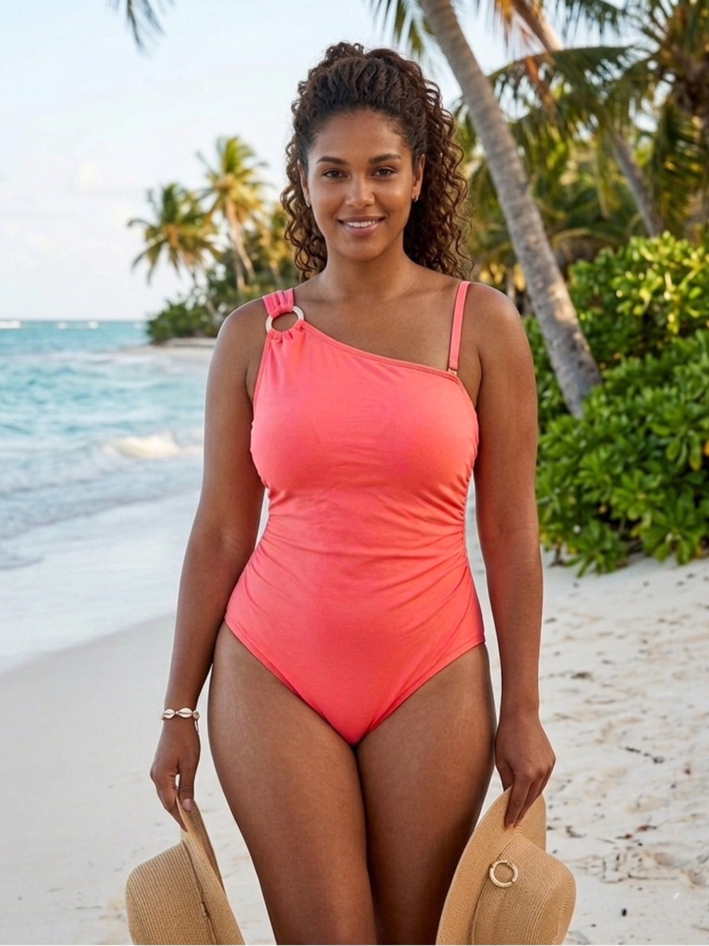 MICHAEL Michael Kors Coral One-Shoulder Swimsuit with Gold Ring